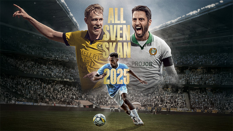 Fotbollsspelare i olika klubbtröjor på en arena med texten "ALLSVENSKAN 2025" och HBO Max-logotypen.