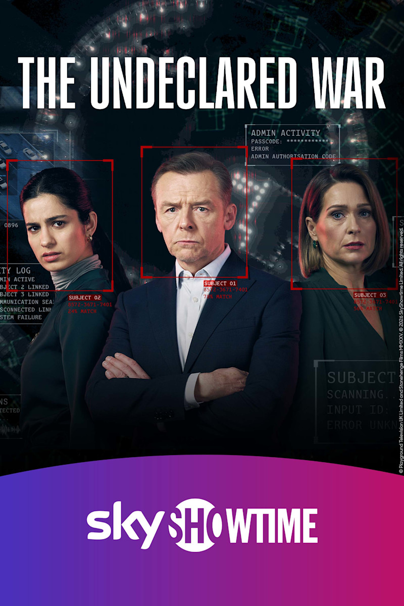 Affisch för The Undeclared War på SkyShowtime med tre allvarliga personer mot en mörk digital bakgrund med röda markeringsrutor.