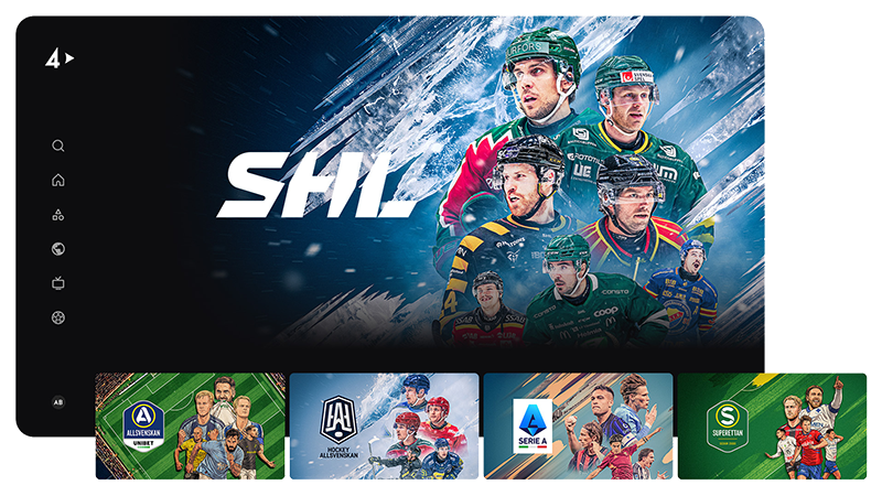 TV4 Play-app med SHL-hockey i fokus, ishockeyspelare i gröna hjälmar, samt sportligor som Allsvenskan och Serie A.