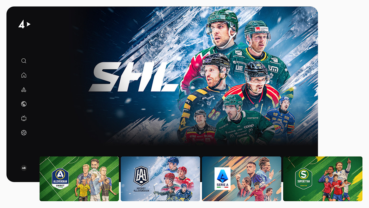 TV4 Play-app med SHL-hockey i fokus, ishockeyspelare i gröna hjälmar, samt sportligor som Allsvenskan och Serie A.