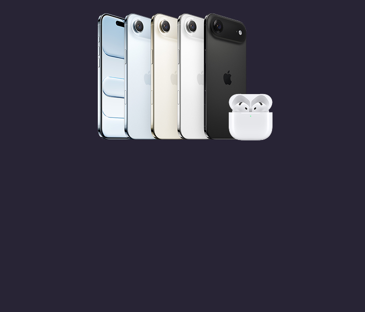 Fem iPhone Air i olika färger (blå, vit, guld, silver och svart) uppställda bredvid ett par vita AirPods 4 i laddningsfodral.