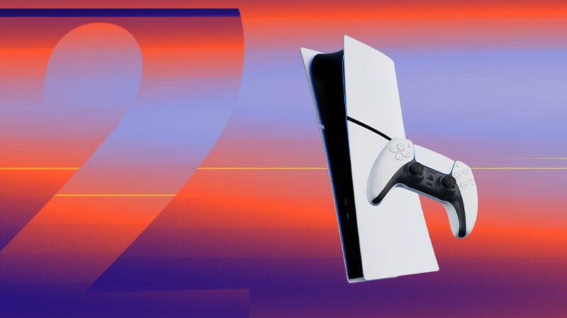En vit PlayStation 5-konsol med handkontroll mot en färgglad bakgrund i orange, röd och blå med siffran 2.