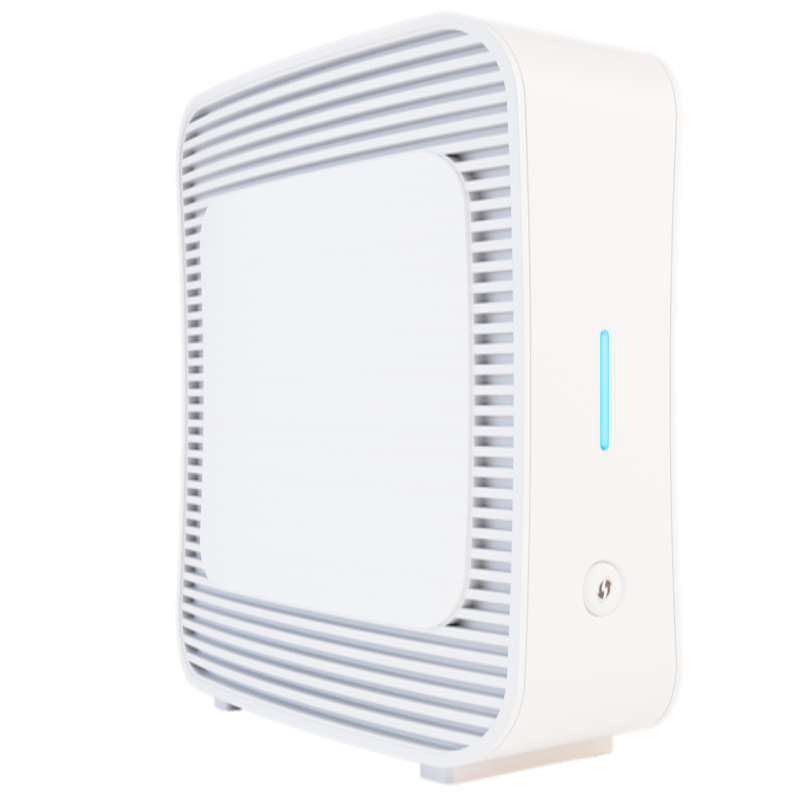 En vit Tele2 WiFi Pod 3. Den har rundade kanter, ventilationsslitsar på sidorna, en slät framsida, en ljusblå LED-lampa och en hänglåsikon på höger sida.