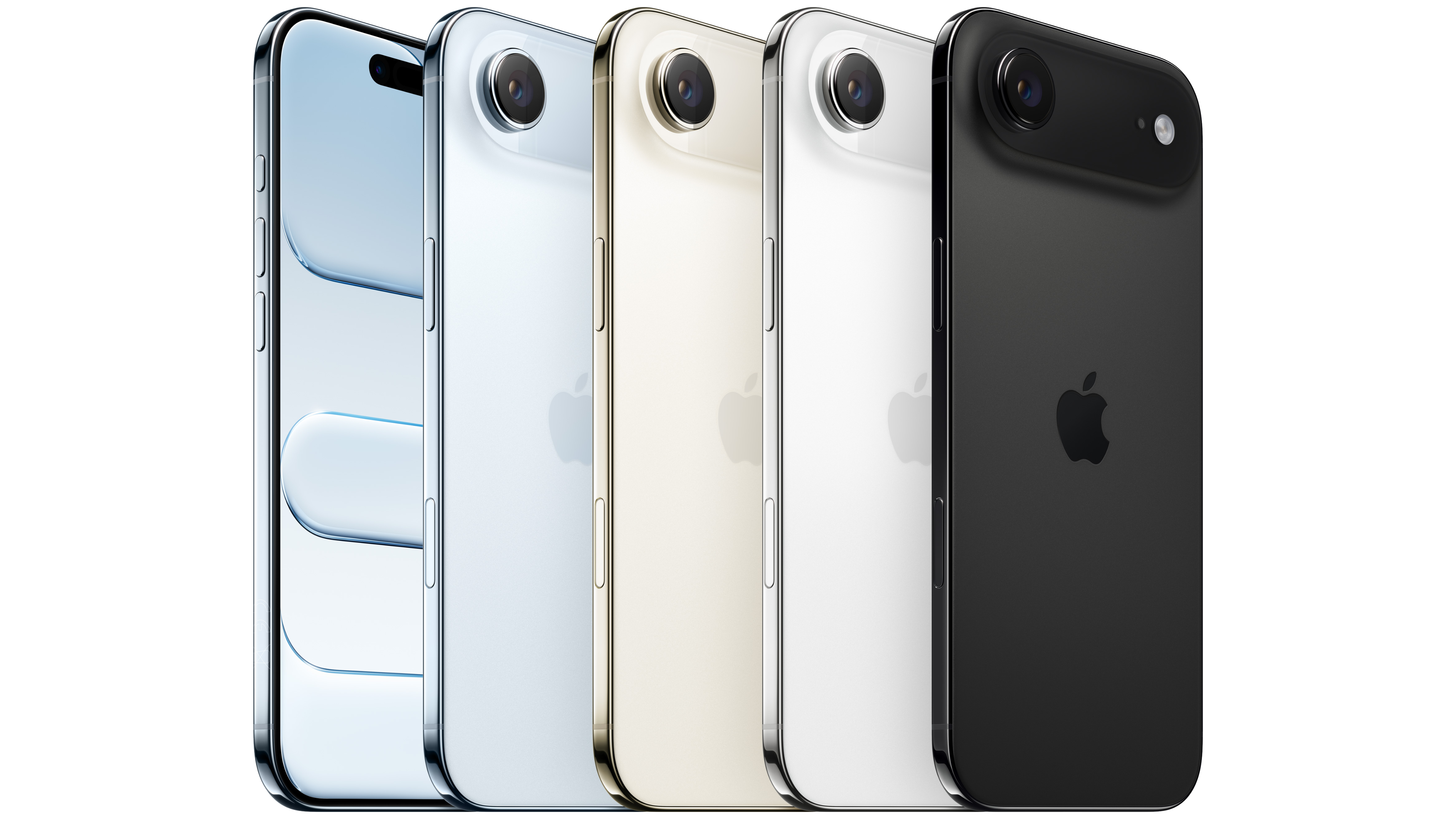 Fem iPhone Air-modeller uppradade i olika färger: ljusblå, vit, guld, vit och svart, visade från baksidan med kameror.