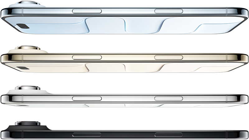 Sidovy av fyra iPhone Air i olika färger - ljusblå, guld, silver och svart - staplade ovanpå varandra.
