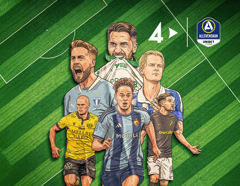 Fotbollsspelare firar med TV4 och Allsvenskans logotyp på blå bakgrund med gröna dynamiska linjer.