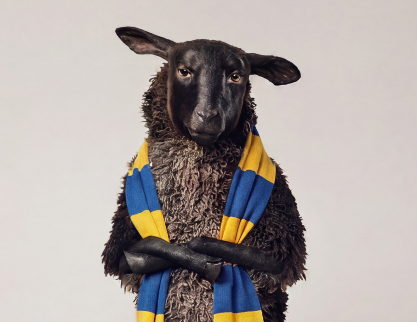 Ett svart får med korslagda armar bär en blå och gul halsduk mot en ljusgrå bakgrund.