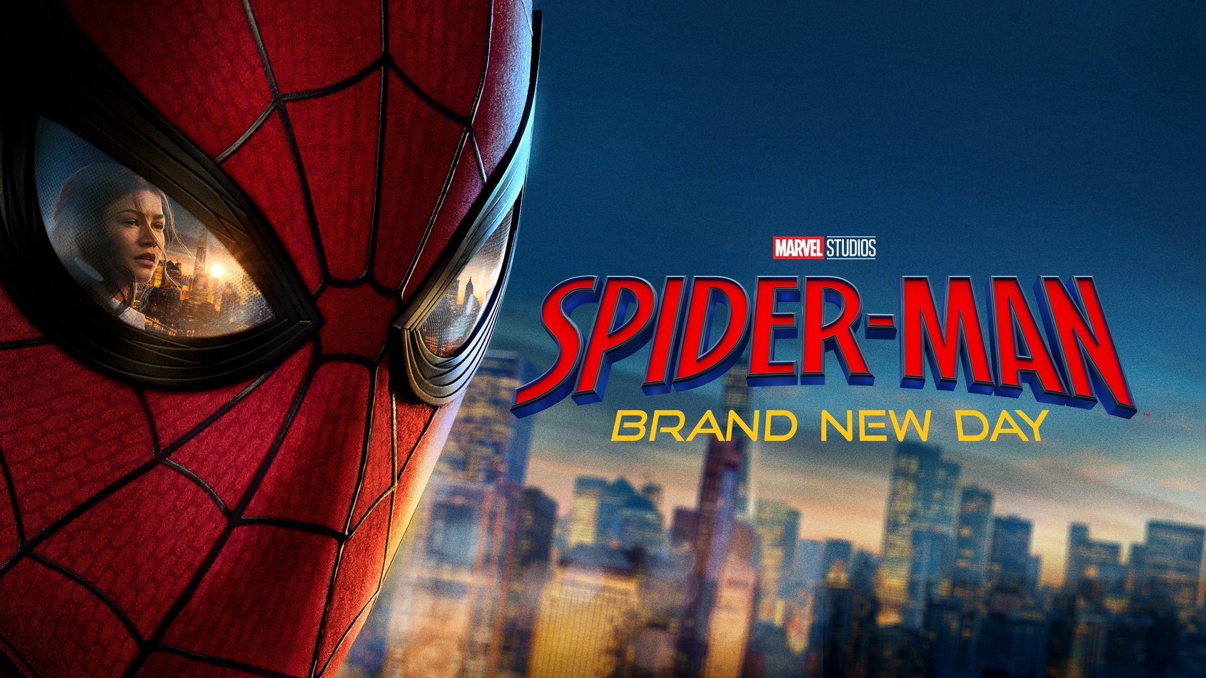 Spider-Mans röda mask i närbild med en stadssilhuett reflekterad i ögat. Logotypen Spider-Man: Brand New Day syns till höger.