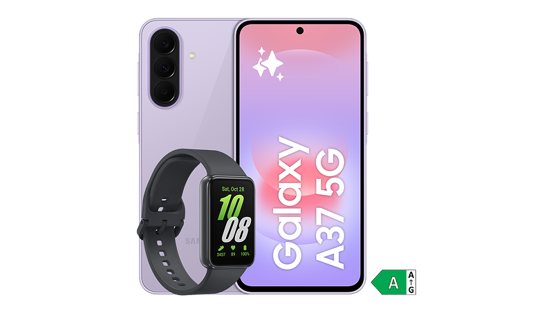 Lila Samsung Galaxy A37 5G-smartphone med en svart smartklocka bredvid som visar tid och stegräknare på grön skärm.