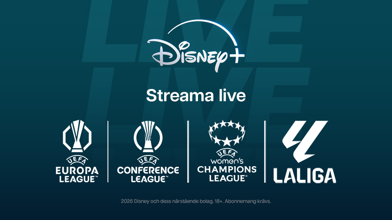 Disney+ logotyp med texten "Streama live" och logotyper för Europa League, Conference League, Women's Champions League och LaLiga.