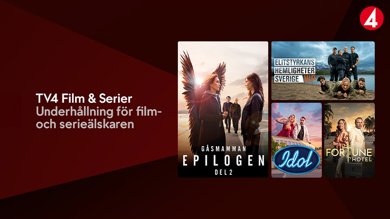 Kollage av TV4:s populära program inklusive Gåsmamman, Idol, Elitstyrkans hemligheter och Fortune Hotel mot röd bakgrund.