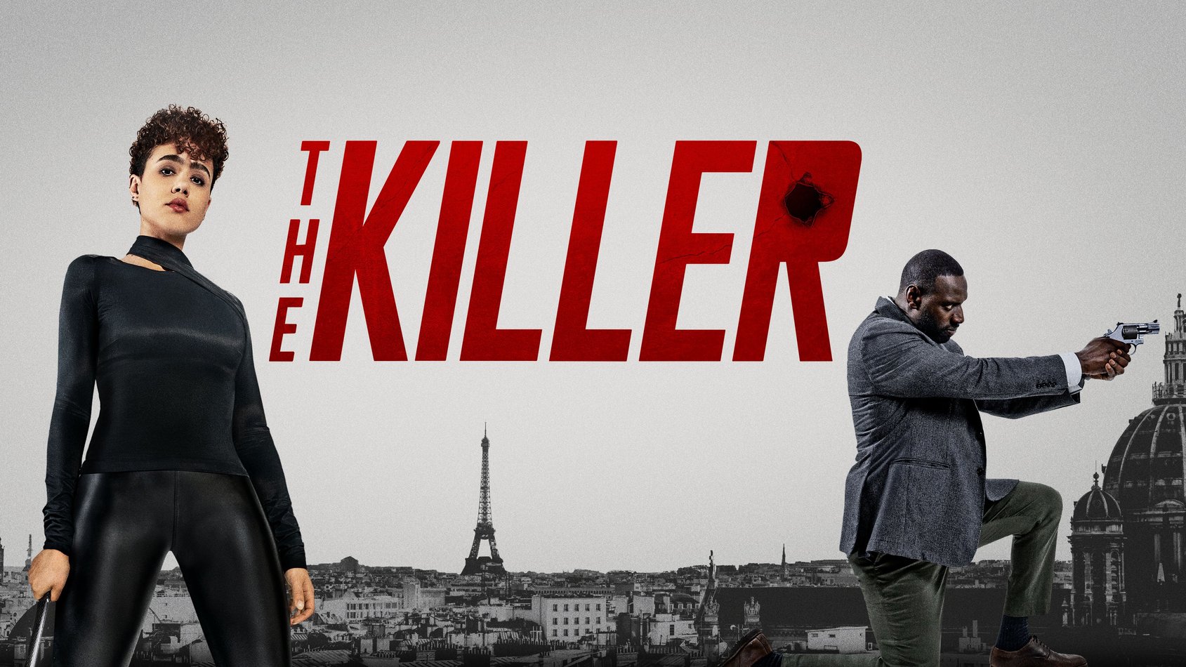 En kvinna i svart och en man med pistol framför Eiffeltornet i Paris. Filmtiteln "The Killer" i rött.