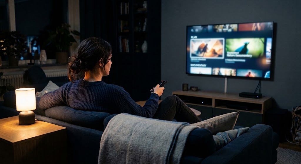 En kvinna sitter i en soffa i ett dämpat belyst vardagsrum och tittar på en TV som visar en Huvudmeny med filmer och serier. Bilden är AI-genererad.