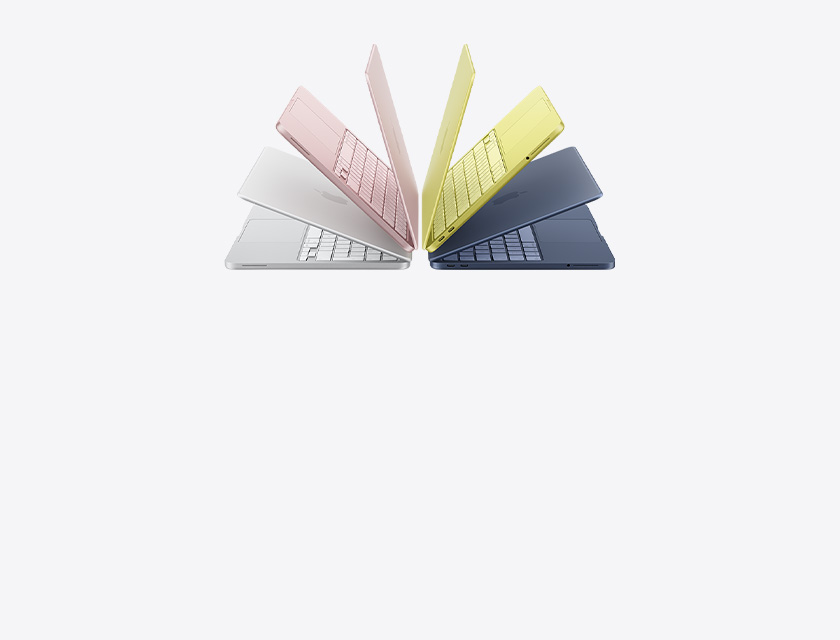 MacBook Neo visas i fyra färger: silver, rosa, gul och mörkblå, uppställda som en solfjäder mot grå bakgrund.