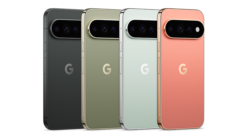 Fyra Google Pixel 11 Pro-telefoner visade bakifrån i färgerna antracit, olivgrön, mintgrön och korallröd.