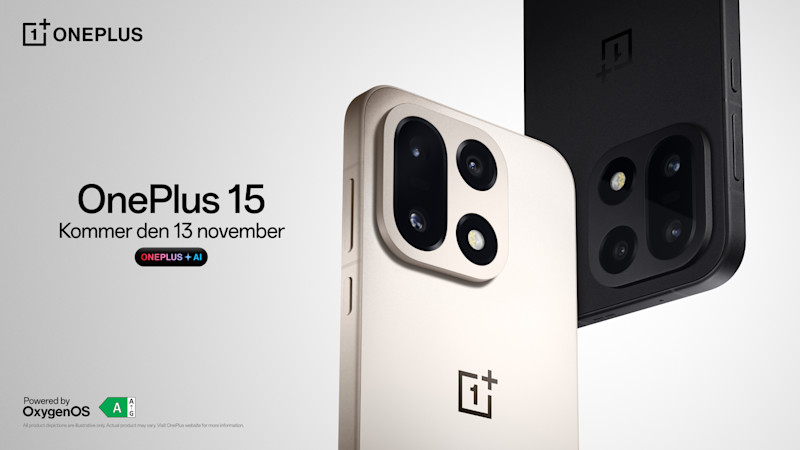 OnePlus 15-telefoner i vitt och svart visas sida vid sida med fokus på kamerasystemen. Lanseras 13 november.