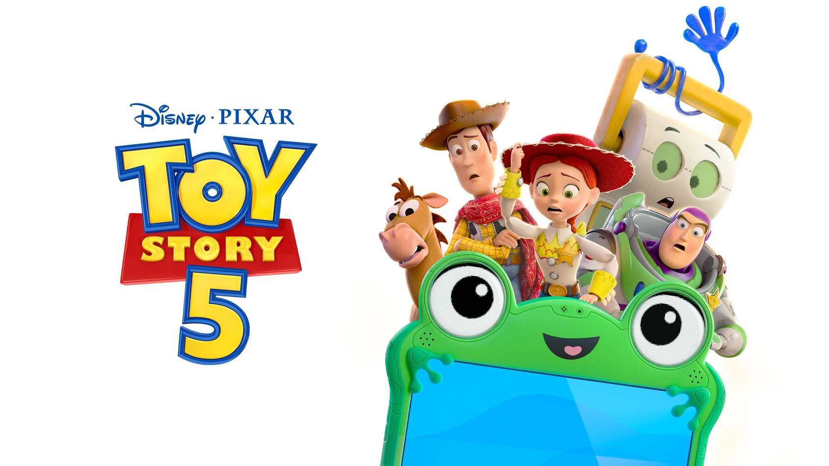 Disney Pixar Toy Story 5-logotyp med karaktärerna Woody, Jessie, Buzz och andra leksaker bakom en grön surfplatta formad som en groda.