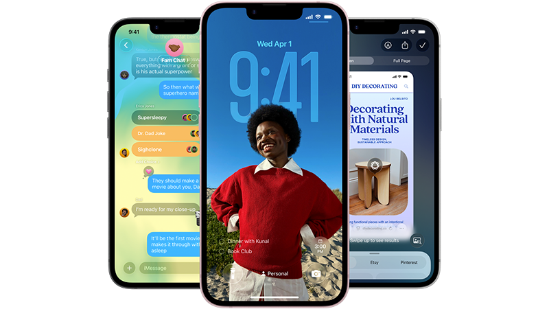 iPhone 17e i tre skärmar. En med hemskärmen, en med meddelanden och en med en nyhetstidning.