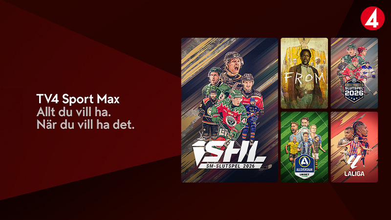 Reklam för TV4 Sport Max med SHL-hockeyspelare och andra sportprogram och serier