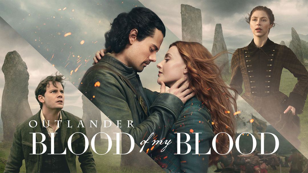 Outlander Blood of my Blood – fyra karaktärer i historisk miljö med stående stenar, ett par i romantisk omfamning i centrum.