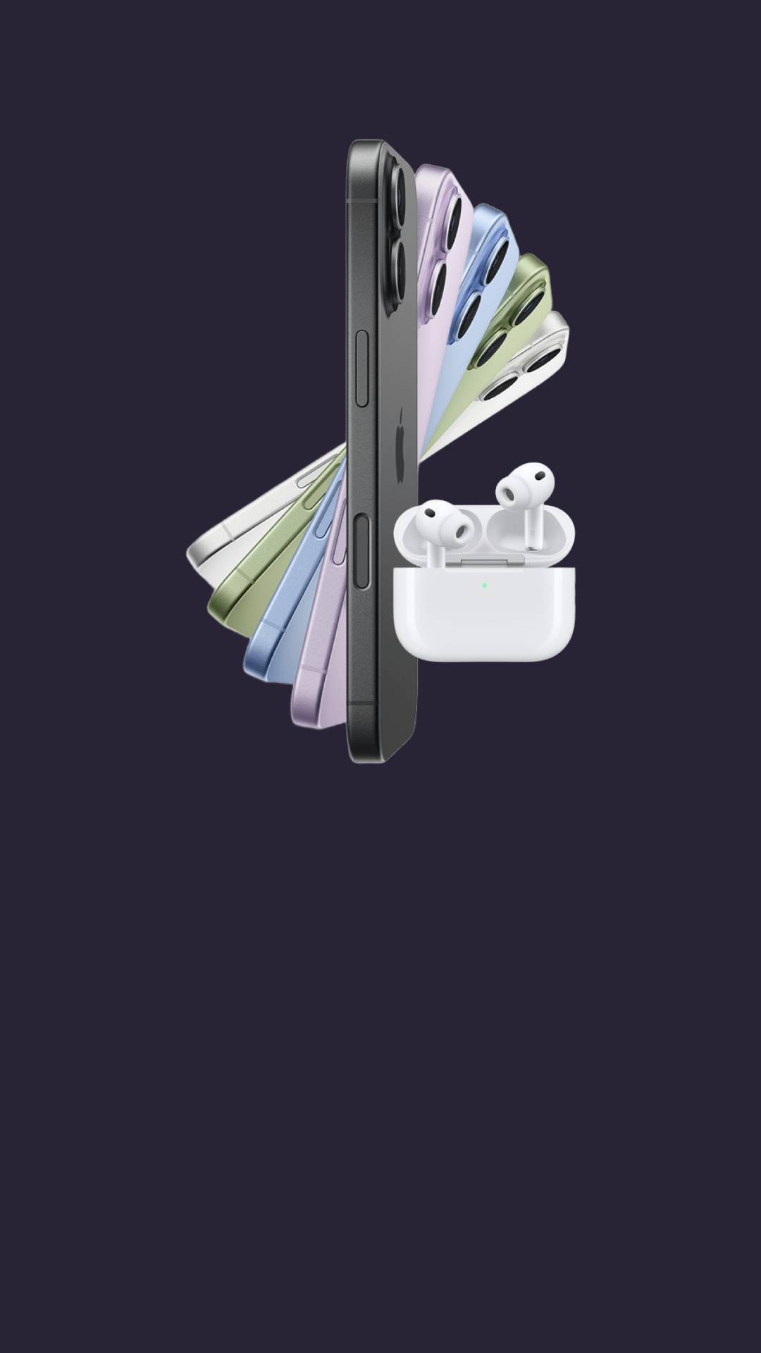 5 smartphones av modell iPhone 17 i färgerna mörkgrå, lila, ljusblå, grön och vit samt ett par hörlurar modell AirPods Pro 3 i vitt med vitt fodral mot mörklila bakgrund.