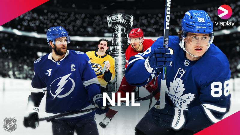 Omslagsbild med spelare från NHL och Viaplays logotyp i hörnet