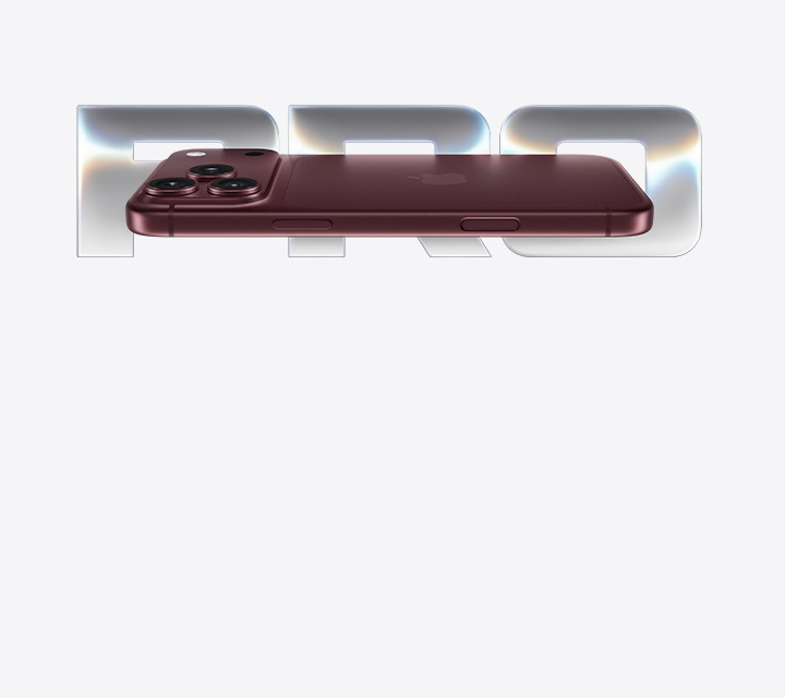 iPhone 18 Pro i mörkröd färg visad från sidan med trippelkamera, framför metallisk text som läser "PRO".