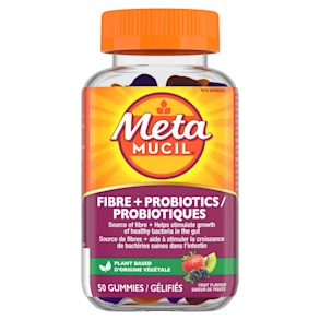 Bottle of Metamucil Fibre + Probiotics gummies with orange cap, fruit flavoured, containing 50 plant-based gummies.