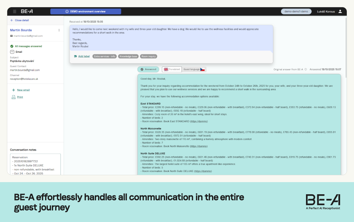BE-A guest enquiry with translated reply and room offers