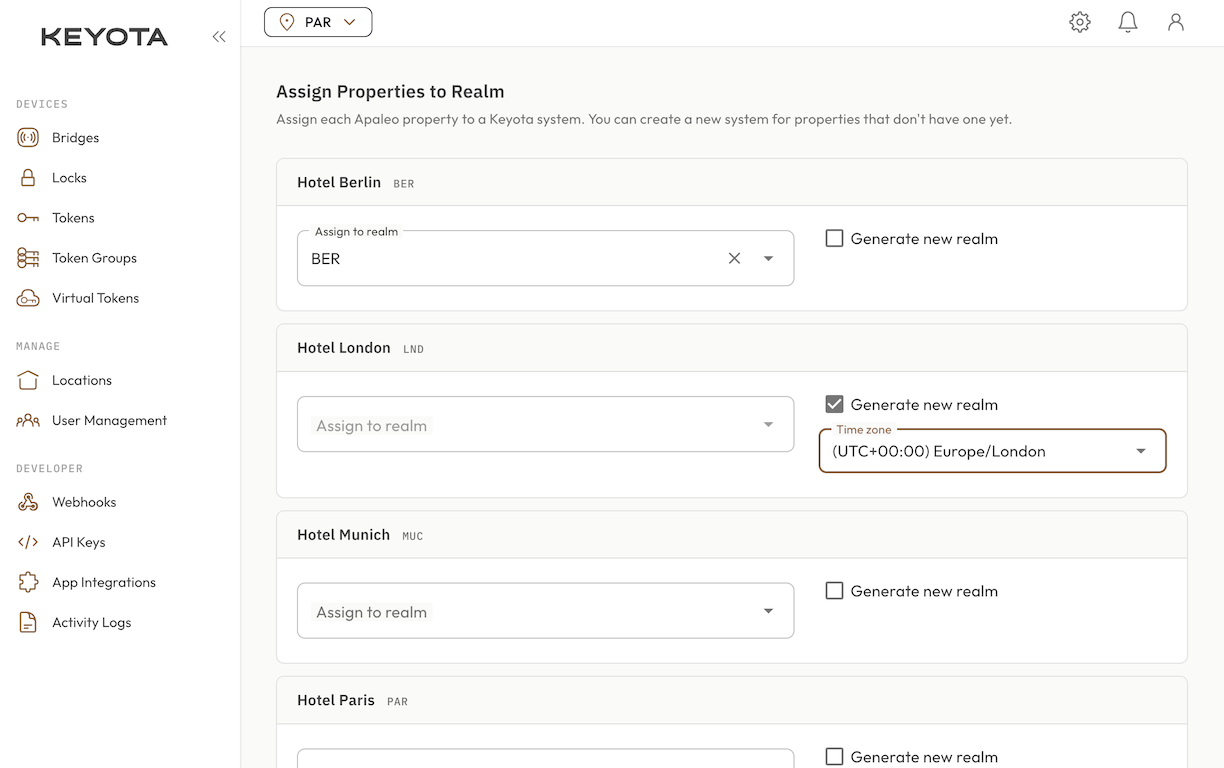 Assign your keyota realms to your apaleo properties