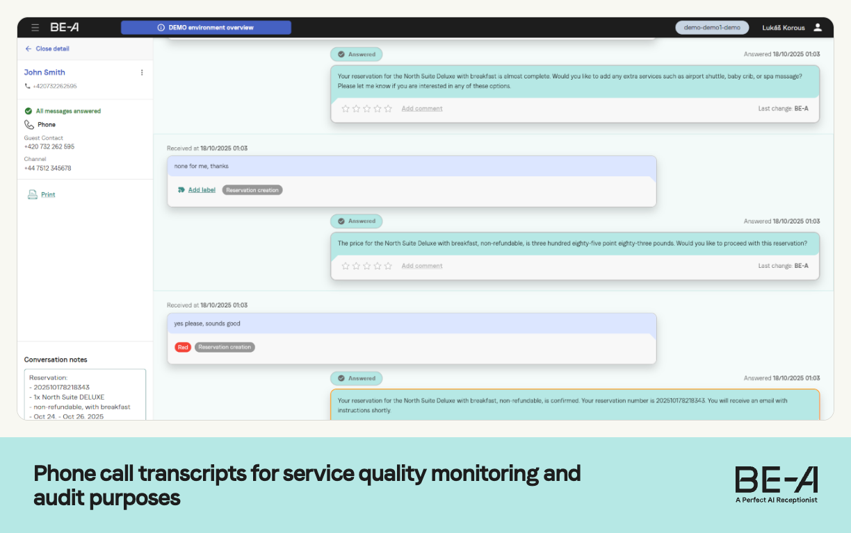 BE-A booking call transcript for service monitoring and audit