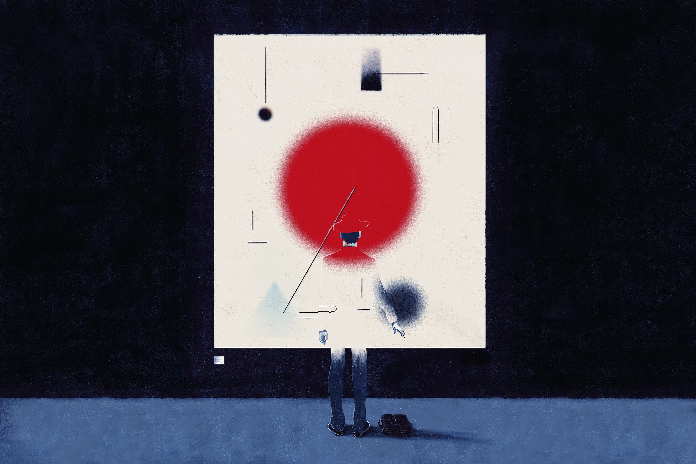 In an abstract illustration, a figure stands before a large canvas with a circle. The illustration evokes a person standing in a gallery or other space and viewing a work of art before them.