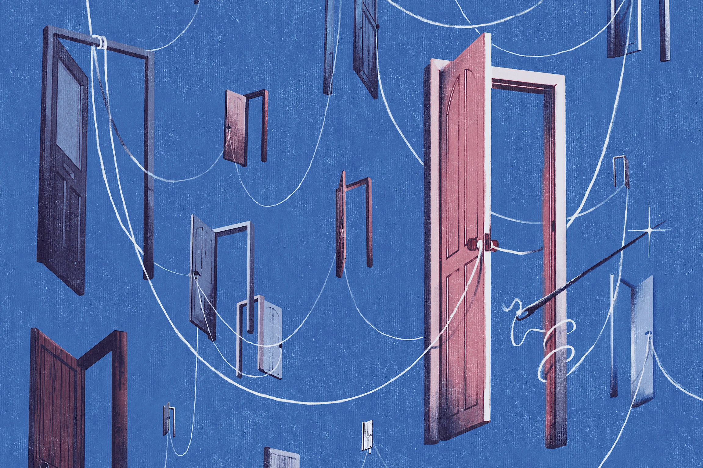 An abstract image of a series of 18 door frames with open doors float. A line evoking a string connects then doors, and is tied on door knobs, wrapped around door frames, and other features.