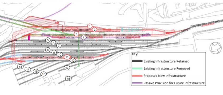 Diagram showing the infrastructure retained, removed and proposed new infrastructure in and around the Queens Road depot.