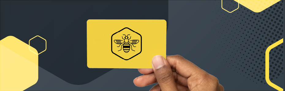Banner with person holding a yellow Bee Card