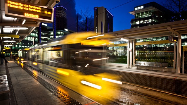 Tram in Manchester at night