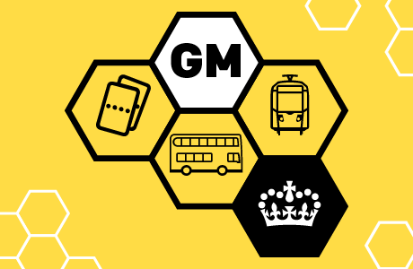A London-style system delivered in partnership with UK Government: graphic showing tickets, a tram, a bus, and the UK Government logo, organised in a honeycomb pattern.