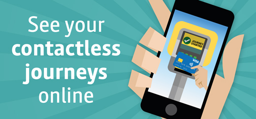 Image of smart phone on turquoise background with the words 'See your contactless journeys online'