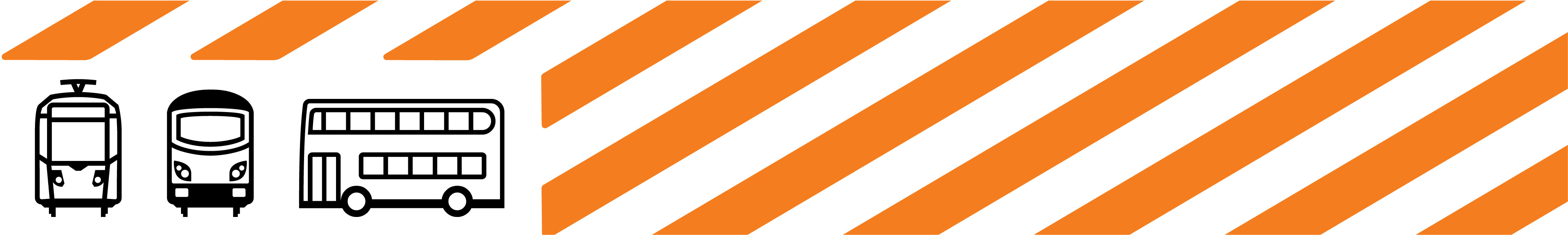 Orange header with bus, tram and train logo to show improving journeys