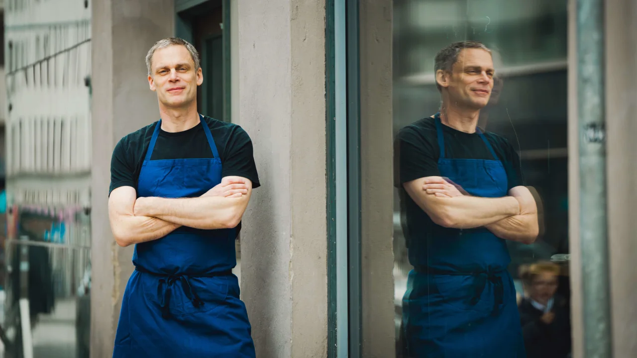 Stefan Eriksson, chef at Brutalisten, standing outside the restaurant in Stockholm Sweden.
