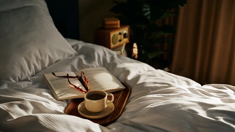 Kirja ja silmälasit lepäävät tarjottimella höyryävän kahvikupin vieressä valkoisten vuodevaatteiden ympäröimänä, kodikkaassa makuuhuoneessa, pehmeästi luonnonvalon valaisemana.