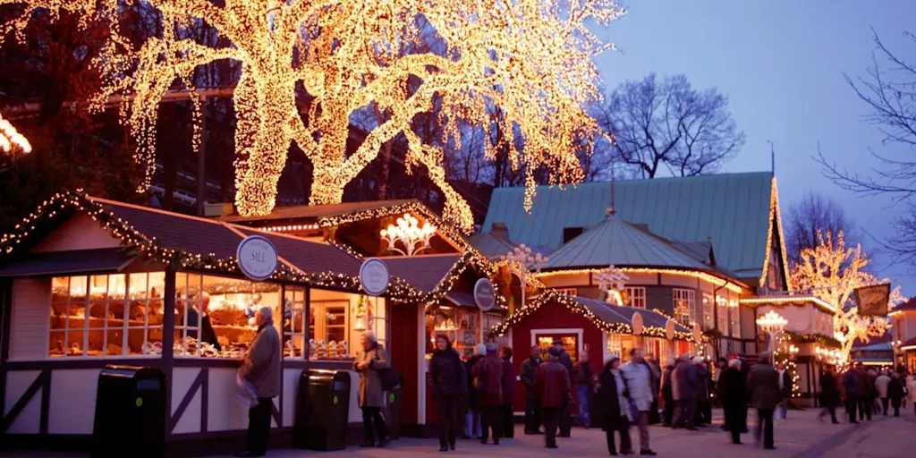 Julbelysning i träd lyser upp en traditionell julmarknad.