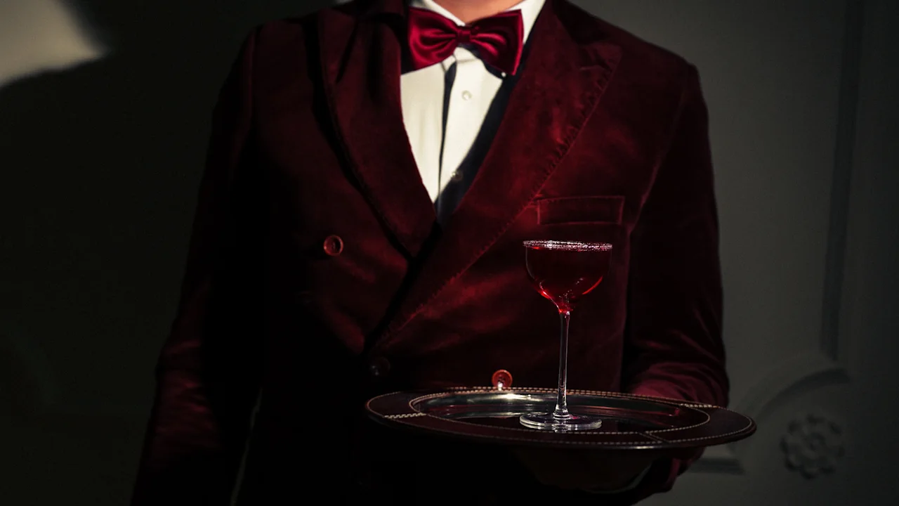 A person in a red velvet jacket and bow tie holds a tray with a red cocktail. Hotel Kämp – Kämp Bar.
