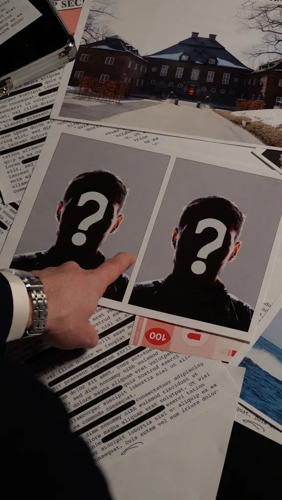 En person i kostym och solglasögon granskar noggrant dokument utspridda på ett bord i ett dunkelt rum.