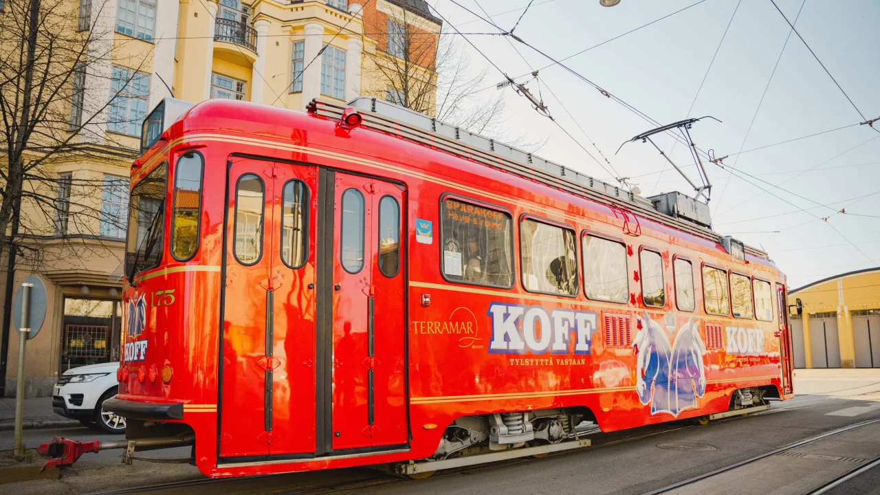 SpåraKOFF, a red tram and pub combined, in Helsinki.