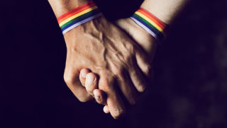 Close up on gay couple holding hands.