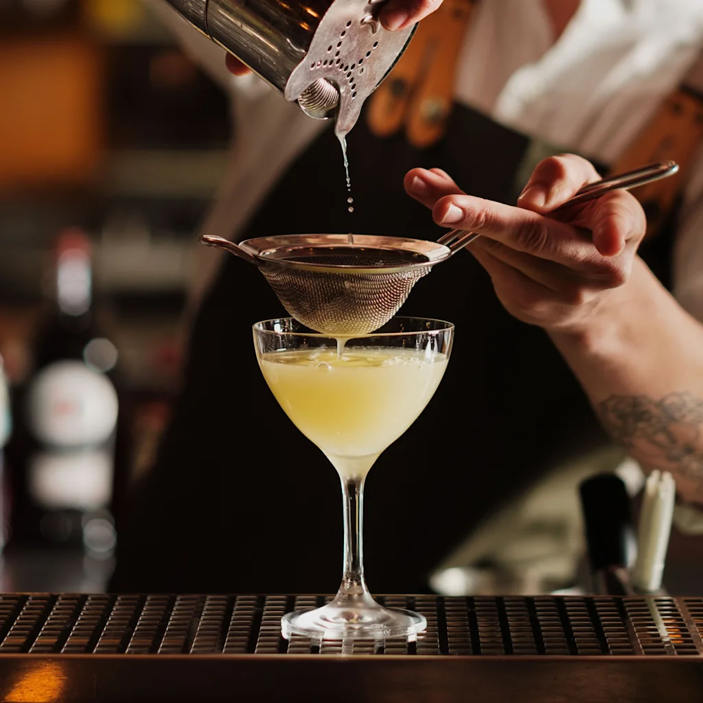 A bartender carefully strains a freshly mixed cocktail into a glass, preparing a refreshing drink.