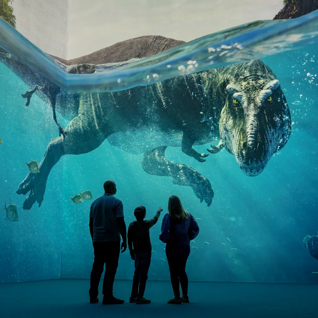 People watching a large digital projection of a dinosaur swimming underwater