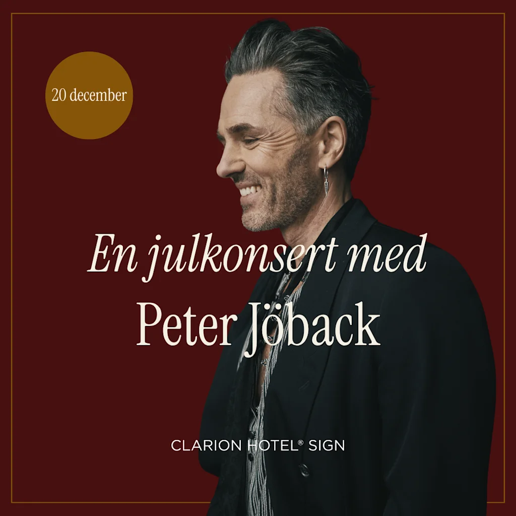 A smiling man in profile on a dark red background promoting a Christmas concert on December 20
