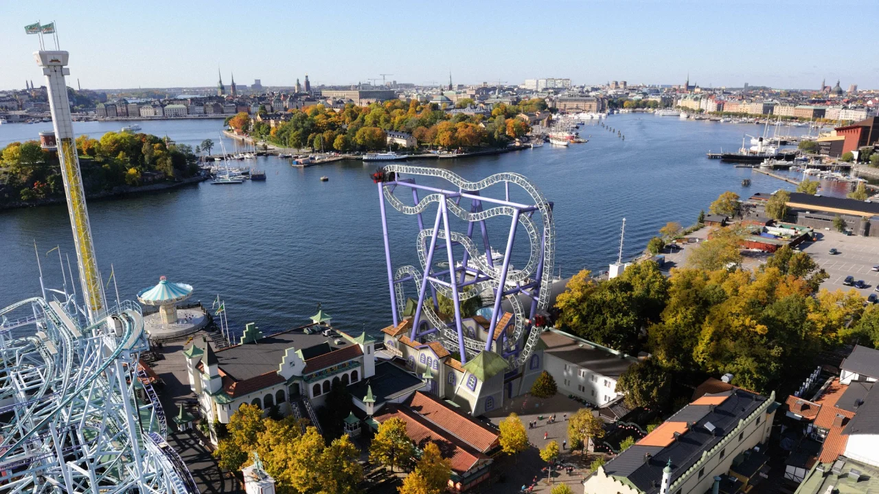 Drone picture of amusement park Gröna Lund in Stockholm.